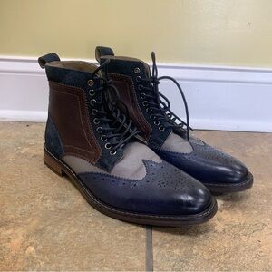 Stacy Adams Finnegan Wingtip Lace-Up Boots Navy Blue Brown 25427-470 Men’s 8.5M